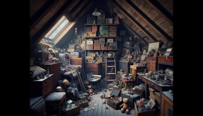 Cluttered attic in a traditional UK home filled with dusty inherited furniture, faded toys, and old photo albums, evoking emotional waste and nostalgia.