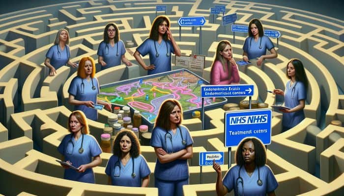 Diverse UK women navigating NHS maze, showing varied access to endometriosis treatment centres.