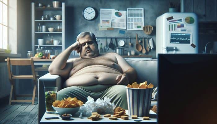 A middle-aged person lounging on a sofa, appearing fatigued and overweight, surrounded by snacks in a cluttered kitchen, illustrating the effects of metabolism on weight.