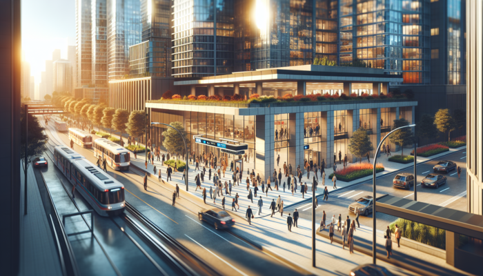 A bustling urban street featuring a modern subway station, busy commuters, upscale apartments, well-maintained gardens, and luxury cars in a sunny city environment.