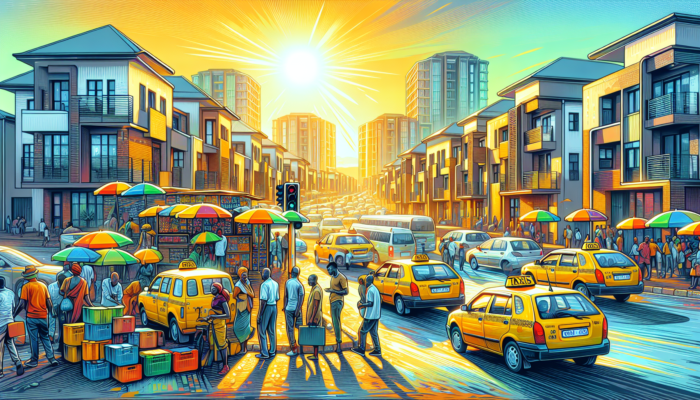 A busy Witbank street with yellow taxis queued at a rank, residents hailing rides under clear skies, with modern homes in the background.
