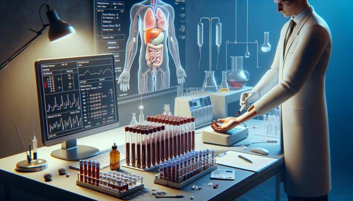 A healthcare professional draws blood from a patient's arm in a sterile lab, with liver function test tubes, enzyme graphs, and a liver diagram.