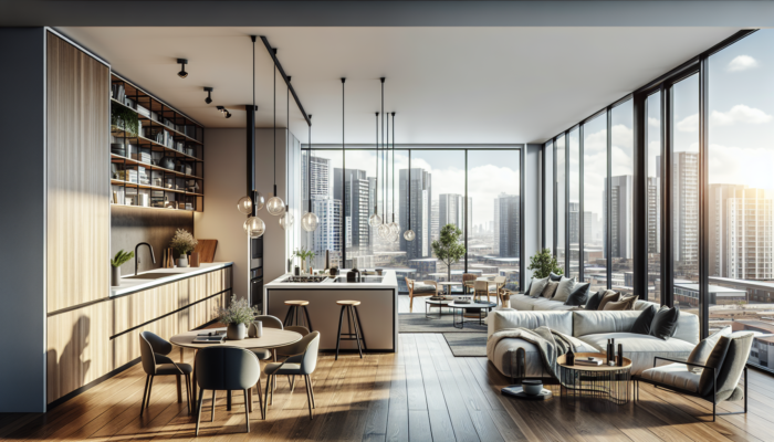 A modern open-plan apartment in Lephalale with a compact stylish kitchen, spacious living area, practical furniture, and large windows for natural light.