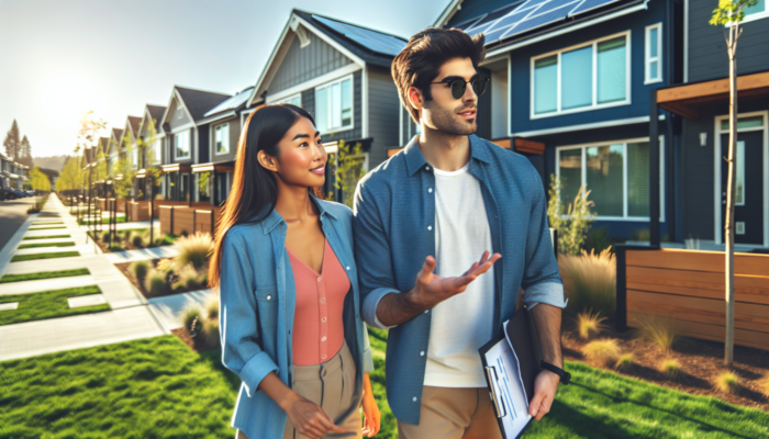 A young couple tours modern entry-level townhouses in a sunny suburban neighbourhood with manicured lawns, solar panels, and community parks.