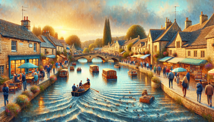 Vibrant scene in Bourton-on-the-Water: River Windrush flows as locals and tourists network on bridges, with bustling shops and colorful stalls under golden light.