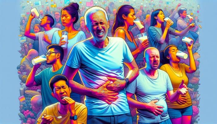 Can Adults Suddenly Become Lactose Intolerant?: Illustration depicting lactose intolerance in the UK: Diverse adults from Asian, African, and Mediterranean backgrounds in discomfort, contrasted with content Northern Europeans enjoying dairy, overlaid with a map and 5-10% prevalence statistics.