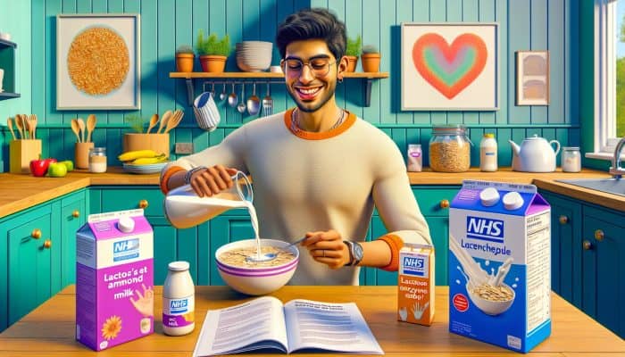 Smiling individual pouring oat milk into cereal in a UK kitchen, surrounded by almond milk, lactase enzyme products, and NHS guidance.