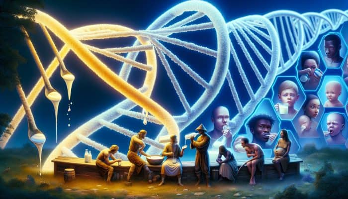 Glowing DNA helix entwined with ancient Northern European farmers milking cows, contrasted by diverse modern individuals reacting to dairy.