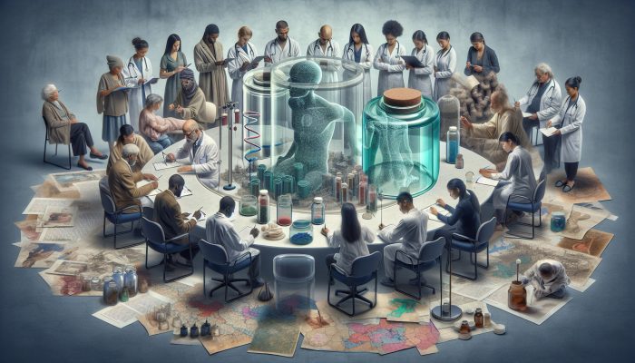 In a bustling UK clinic, diverse acupuncture practitioners train amid empty funding jars and maps of underserved areas, symbolizing scaling challenges.