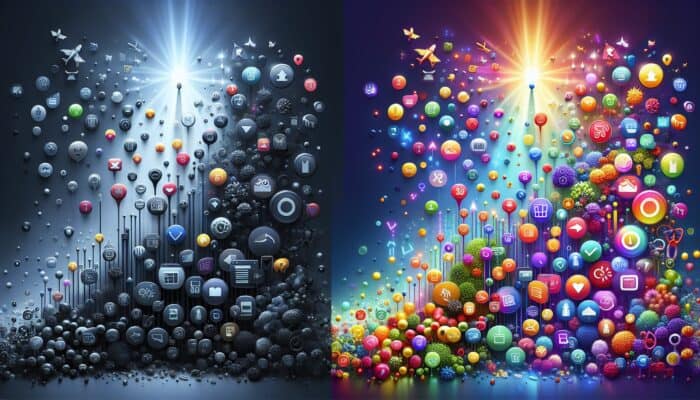 Illustration depicting SEO's impact: a dim underperforming product page with low traffic icons contrasted with a vibrant one showcasing rising graphs and sales symbols.