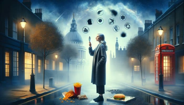 Young woman in foggy London street examines thinning hair in mirror, surrounded by fast food, unused mat, and smog.