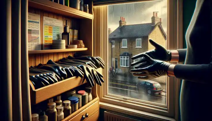 A person in a cozy Milton Keynes home inspects shiny black latex gauntlet gloves, storing them on a dry shelf near rain-streaked windows.