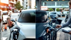 A split image displays two electric cars charging on a city street. On the right, an individual plugs in a blue car beneath an "Electric Car Rental" sign—ideal for those exploring their rental options.