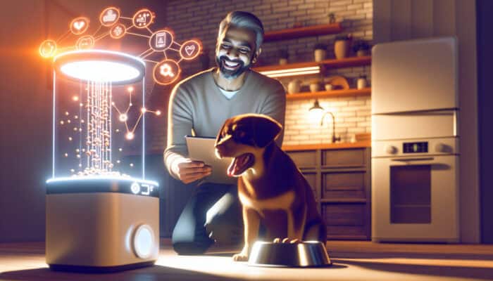 Pet owner in cozy kitchen monitors smart feeder dispensing food to playful dog via tablet app with nutritional charts.