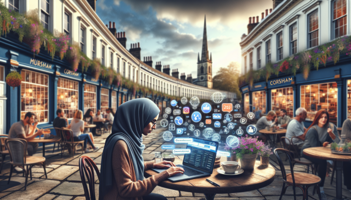 Small business owner in Corsham, UK, at a historic cafe, optimising ads on a laptop amid social media icons and Georgian buildings.