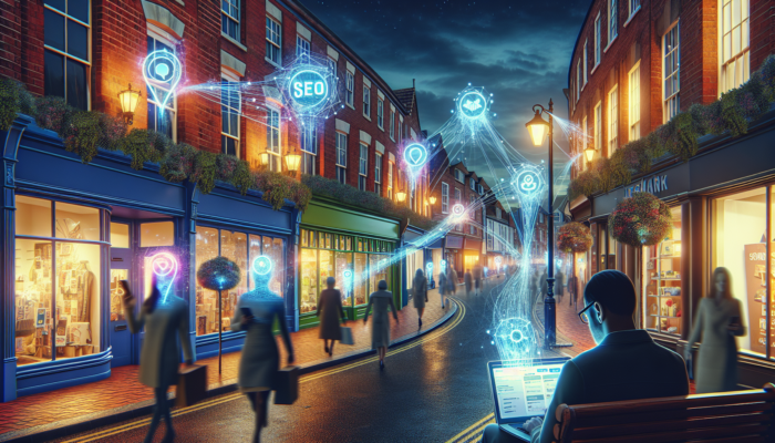 Bustling Cheltenham high street at dusk: shops illuminated by glowing SEO graphs, arrows from smartphones to storefronts, and a business owner optimising a laptop.