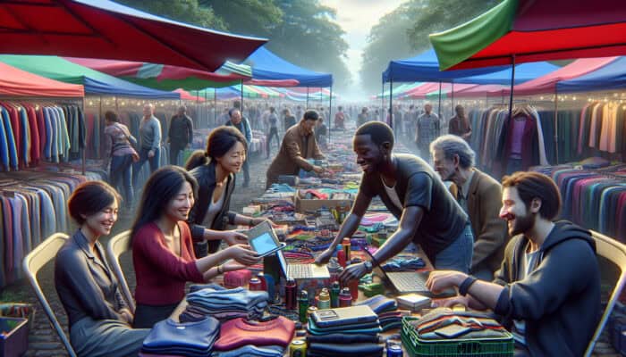 Bustling UK outdoor market with colorful stalls, people trading second-hand items from eBay and Depop, friends bartering clothes and gadgets with smiles.