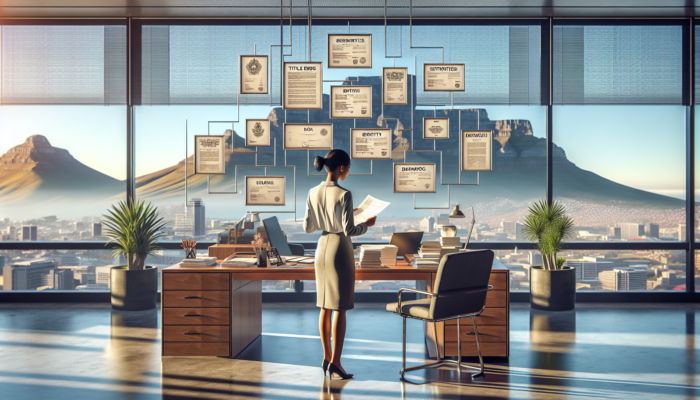 Diverse real estate agent in Cape Town office reviews documents like title deeds and bank statements, with Table Mountain under golden sunlight.