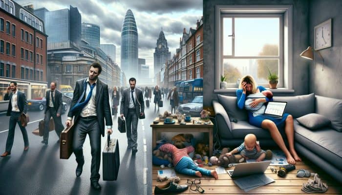 Can Stress Raise Blood Glucose: Overworked financiers in suits on a busy London street under gray skies, and a tired parent balancing a laptop and child in Birmingham.