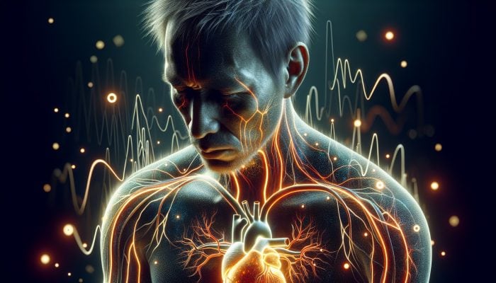 Illustration of a weary human figure with a glowing strained heart, pulsing arteries indicating high blood pressure, and shadowy hypertension and stroke risks.