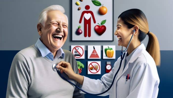 Smiling elderly man in a modern UK clinic as GP checks his heart with a stethoscope; walls display healthy food and no-smoking posters.