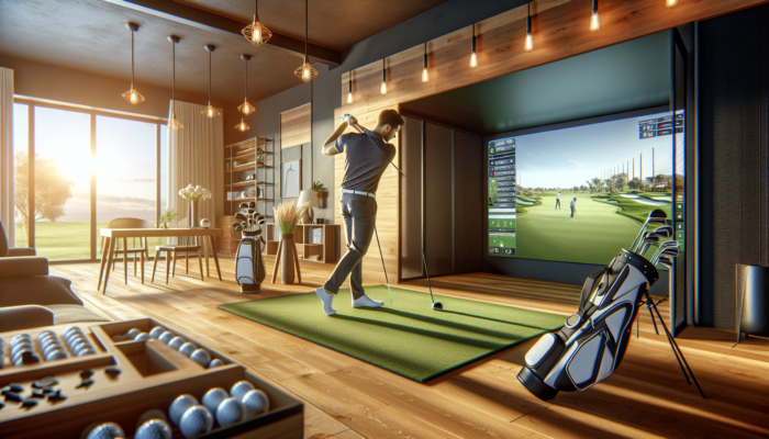 A dedicated golfer utilises a sophisticated indoor simulator in a contemporary South African home, surrounded by reliable equipment and warm lighting.