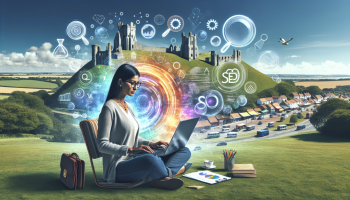 Small business owner in Corfe Castle analyzes keywords on laptop with SEO icons, amid ancient ruins and sunny sky.