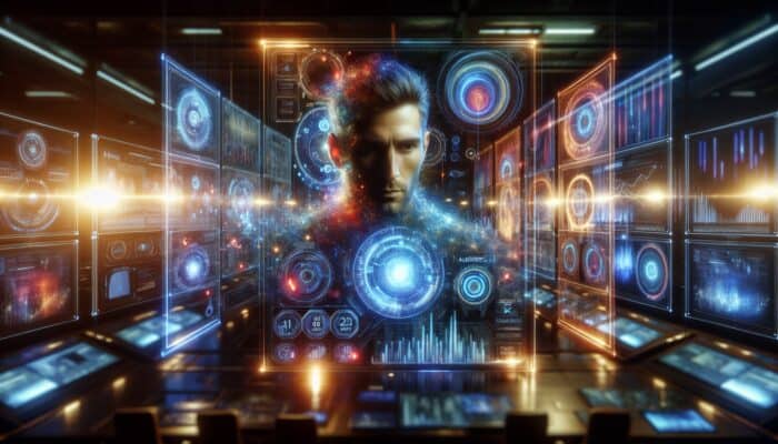 Focused analyst in a high-tech command center, surrounded by screens showing vibrant graphs of audience growth and content metrics.