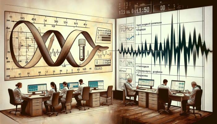 Visual comparison of stable HbA1c levels and fluctuating fasting glucose levels, with doctors consulting.