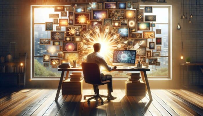 A writer at a sunlit desk, surrounded by glowing storybooks, data charts, and personal photos in a vibrant workspace.