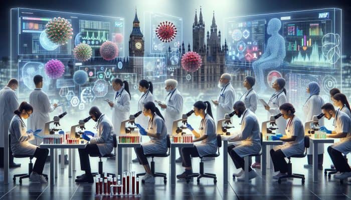 In a bustling London NHS lab, diverse professionals analyse blood samples under microscopes, with screens showing results for disease detection.