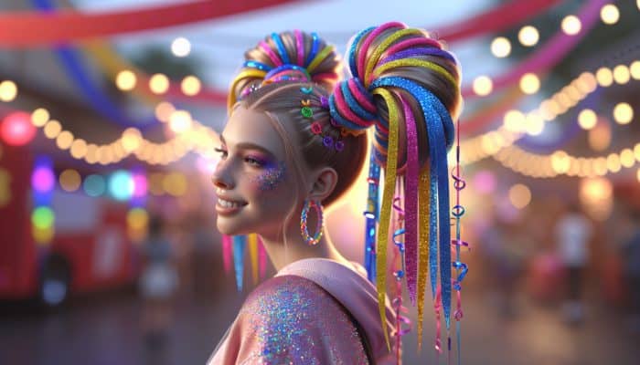 A vibrant young woman with colourful bubble ponytails in pink, blue, and yellow bands, glittery accents, and ribbons in a festive outdoor scene.