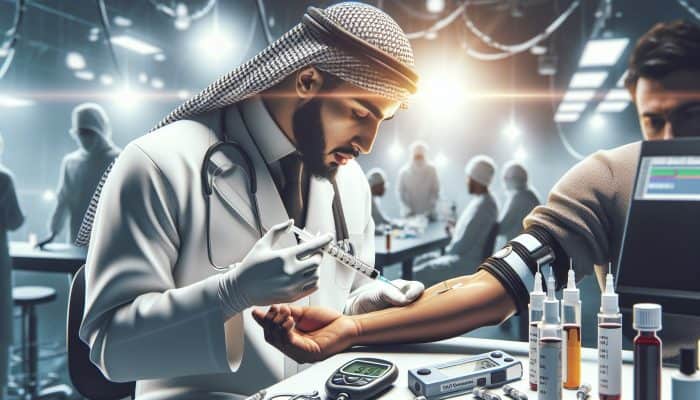 A medical professional extracts blood from a patient’s arm in a sterile lab environment, surrounded by glucometers, HbA1c kits, and glucose charts under bright lighting.