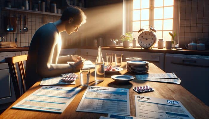 A patient in a sunlit kitchen at dawn, fasting with an empty plate and water, preparing a medication list in a notebook, surrounded by NHS pamphlets and a clock indicating eight hours.
