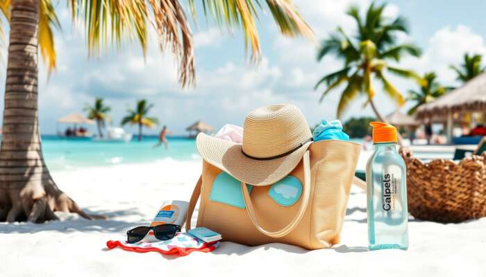 Essential items for a beach trip to Placencia Village, including sunscreen, swimwear, a wide-brimmed hat, sunglasses, and a reusable water bottle, set against a sunny beach backdrop.