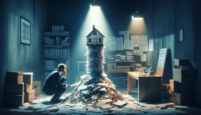 A worried UK homeowner in a dimly lit living room, surrounded by stacks of debt documents and a teetering house model on coins.