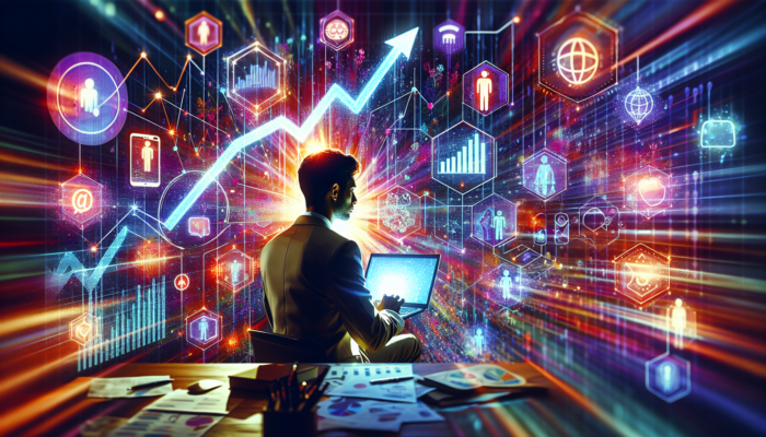 Young entrepreneur in a Patchway, UK, office analyzing social media metrics on a screen, surrounded by rising graphs, chat bubbles, and targeted ads.