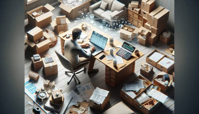 A focused person uses a laptop, calculator, and apps for budgeting in a cluttered office with packed boxes and resource charts during house clearance.