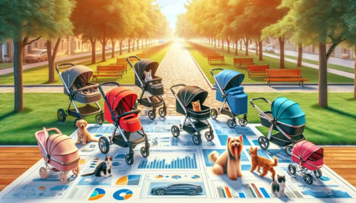 A vibrant park scene with various pet strollers: red one with a playful dog, blue with a curious cat, green foldable design, and luxurious black model.