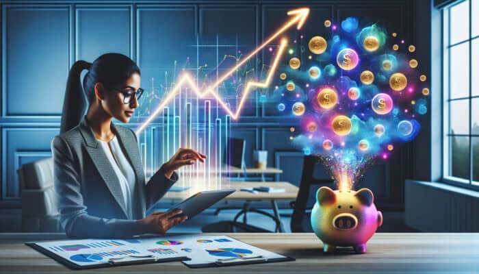 Financial analyst compares colorful insurance quotes on a tablet in a modern office, with savings graphs and a bursting piggy bank.