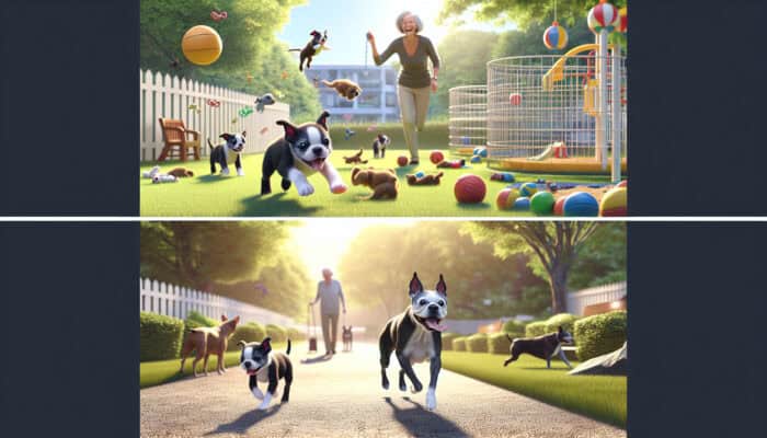 Boston Terriers at various life stages: playful puppy tumbling in sunny yard, energetic adult running with owner in park, gentle senior strolling on soft path.