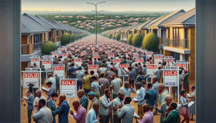 Crowded street in Pietermaritzburg suburbs with anxious buyers scrambling for homes, stressed faces, sold signs, and strategic planners in the background.