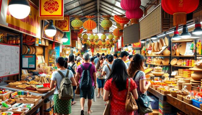 Diverse group of tourists interacting with local artisans in a lively market filled with traditional crafts, cultural performances, and authentic cuisine under colorful heritage decorations.