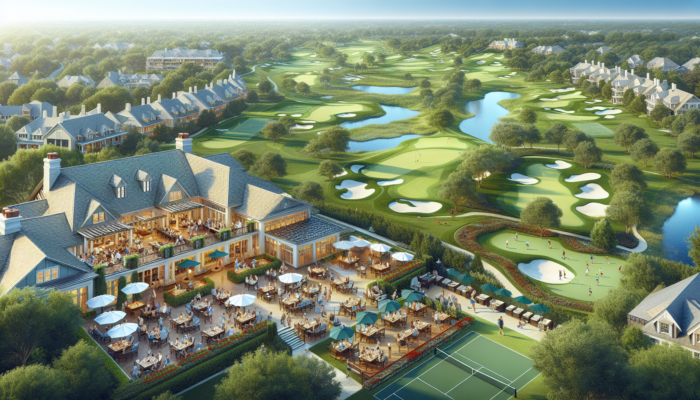 Aerial view of Wingate Park Country Club: lush 18-hole golf course, active tennis courts, and families dining under a sunny sky.