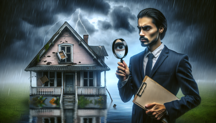 Homebuyer inspects old house with magnifying glass, revealing cracks and flood signs under stormy sky, symbolising property risks.