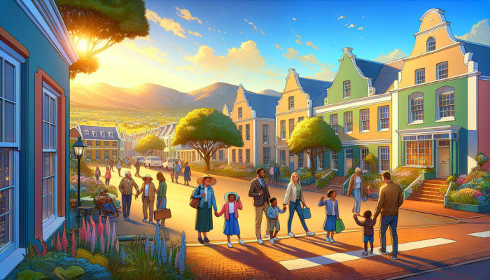 A vibrant street in historic Graaff-Reinet featuring Cape Dutch houses, lush gardens, families walking to school under a sunny sky.