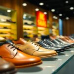 A row of men's dress shoes, showcasing Indonesian quality shoes in various styles and colours like brown and black, is displayed on a glass shelf in a brightly lit shoe store. Shelves in the background hold more options, while a red '50% SALE' sign is partially seen.