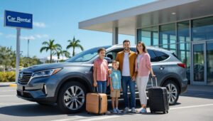 A smiling family of four stands in front of a gray SUV at a car rental location, ready for their family vacation. The casually dressed parents and children hold luggage, with palm trees and a blue 'Car Rental' sign in the sunny backdrop.