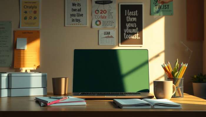 A cozy beginner's workspace featuring a laptop, notebooks, colorful pens, a steaming cup of coffee, a plant, and motivational posters, all bathed in warm, natural light.