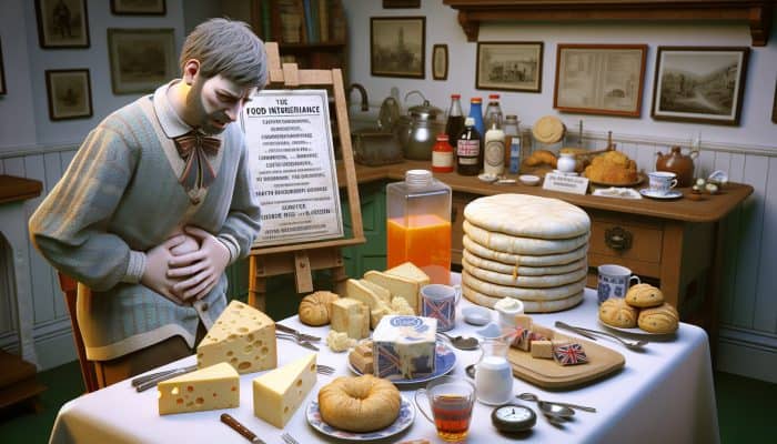 Can Food Intolerance Cause a Sore Throat: A person in a British kitchen grimaces, clutching a bloated stomach from food intolerance, surrounded by cheese, bread, scones, and tea.